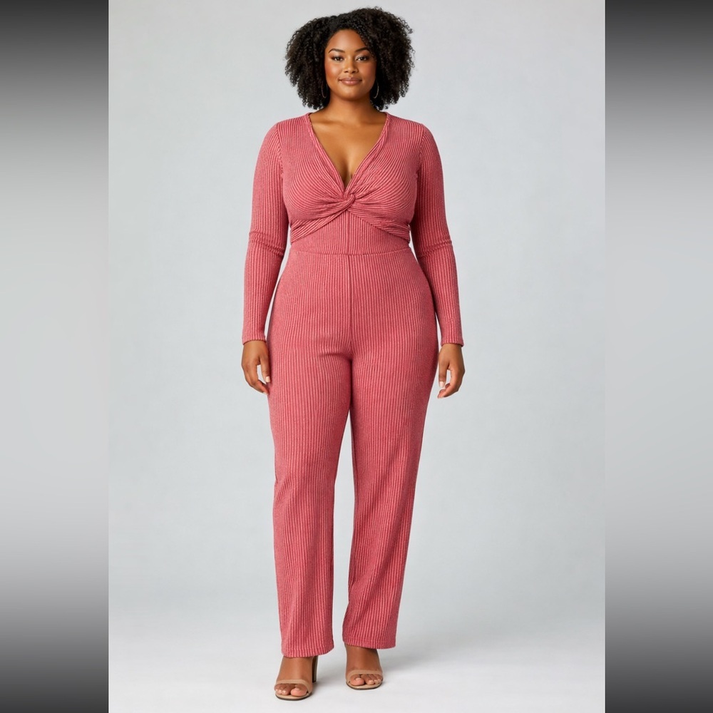 Fashion Nova Rose Red Ribbed Twist-Front Long Sleeve Jumpsuit | XL NWT